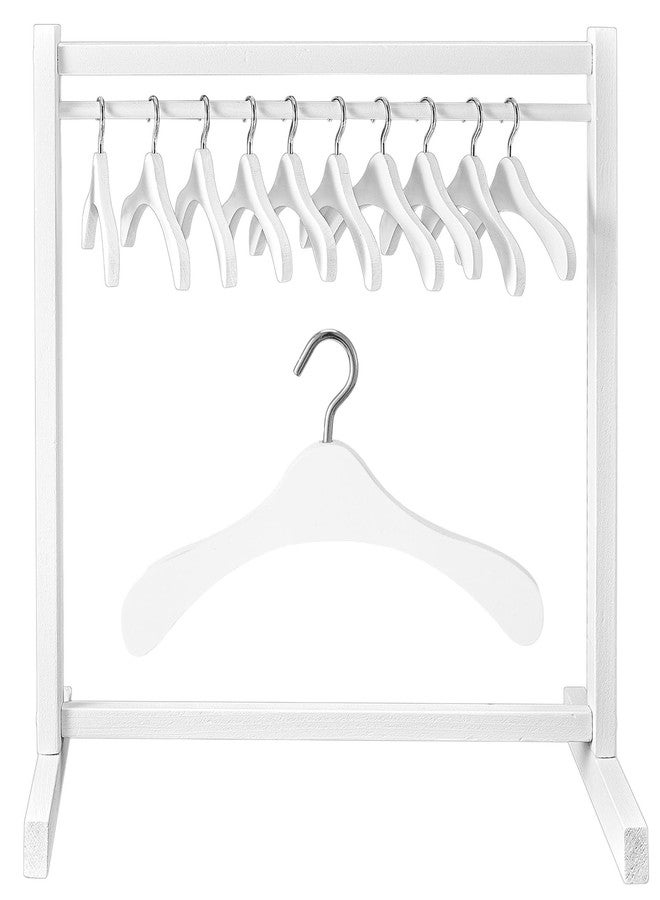 سيفانير رف ملابس للدمى من سيفانر مكون من 11 قطعة مع علاقات ملابس خشبية لملابس الدمى مقاس 18 بوصة، علاقات صغيرة، إكسسوارات خزانة ملابس، لوازم حفلات استقبال المولود الجديد لبيت الدمى (أبيض) - Image 1